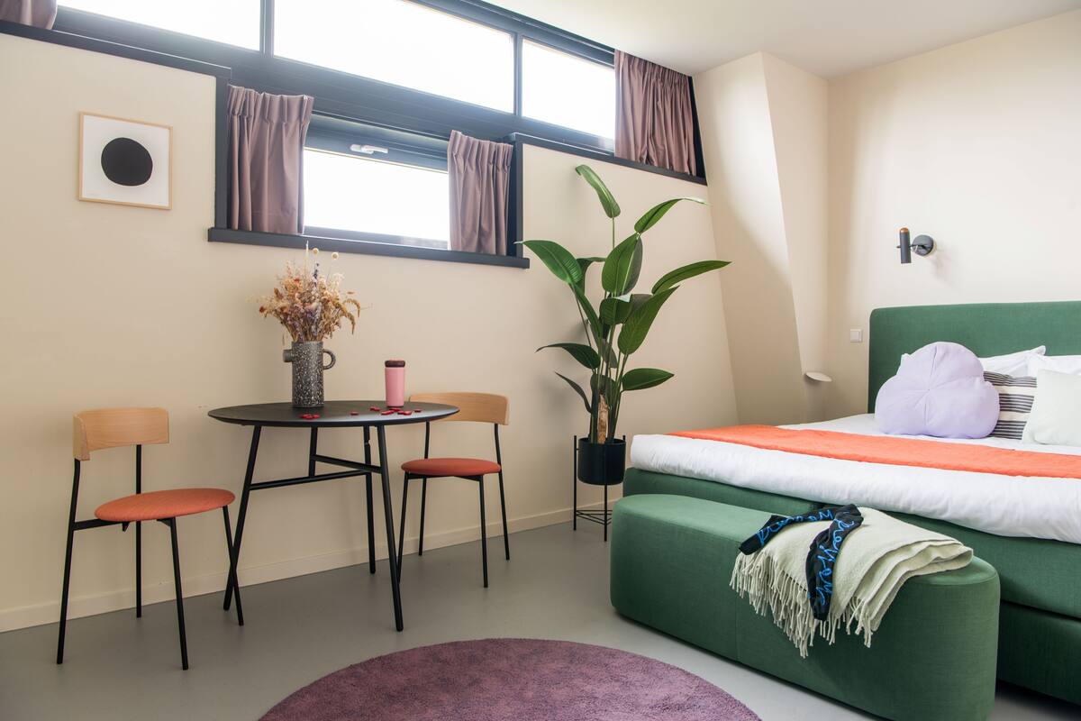 A small, well-lit room with a bed, two chairs, a table, and a potted plant.