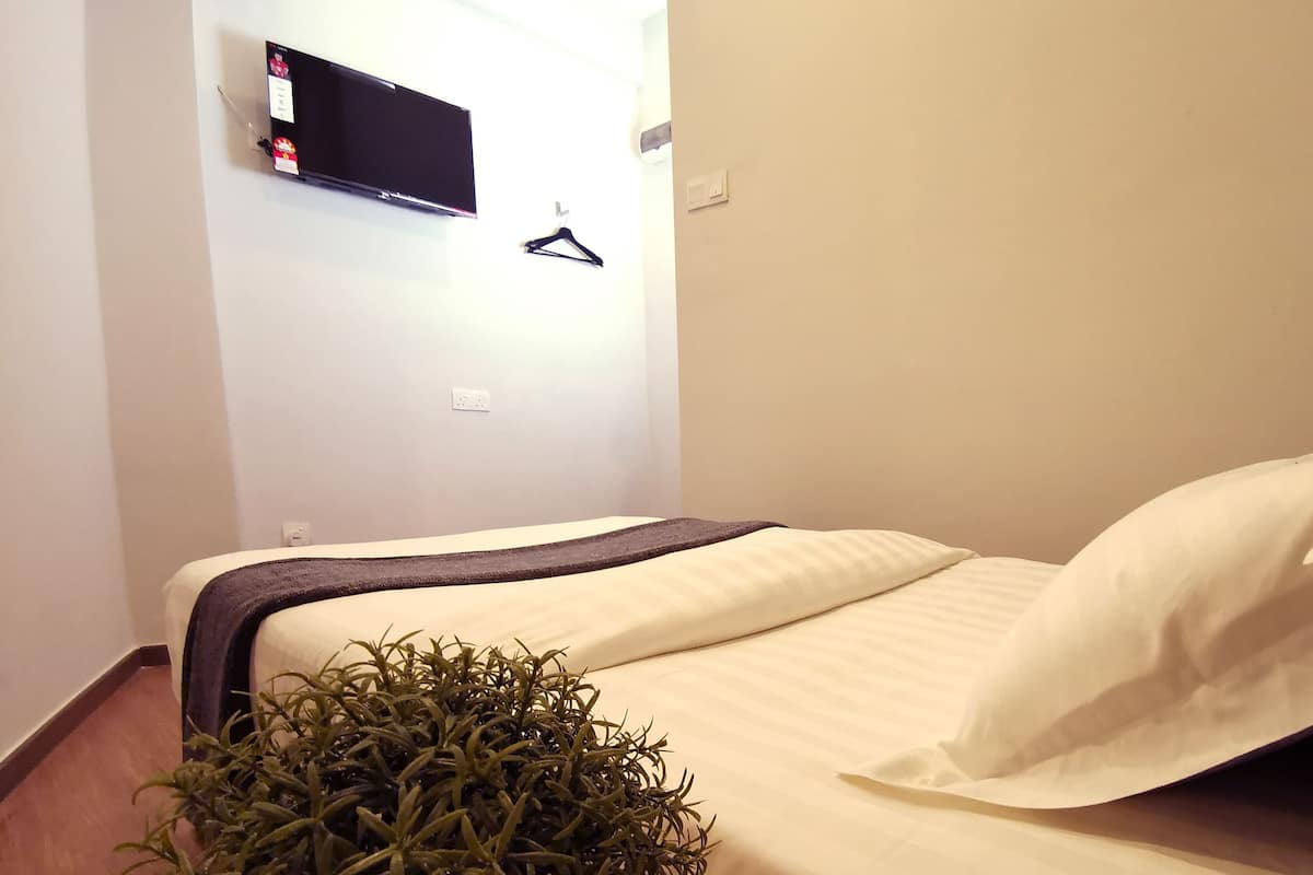 A neatly made bed with a dark-colored blanket and a white pillow, a small potted plant on a wooden side table, a wall-mounted TV, and a black hanger on the wall.