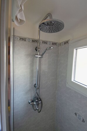 Shower, hair dryer, bidet, towels
