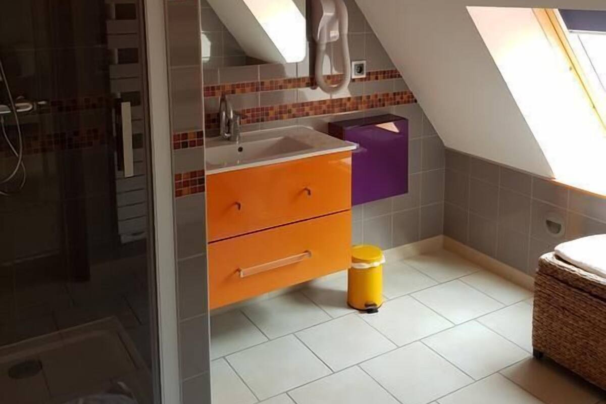 Een badkamer met een douche, wastafel en toilet.
