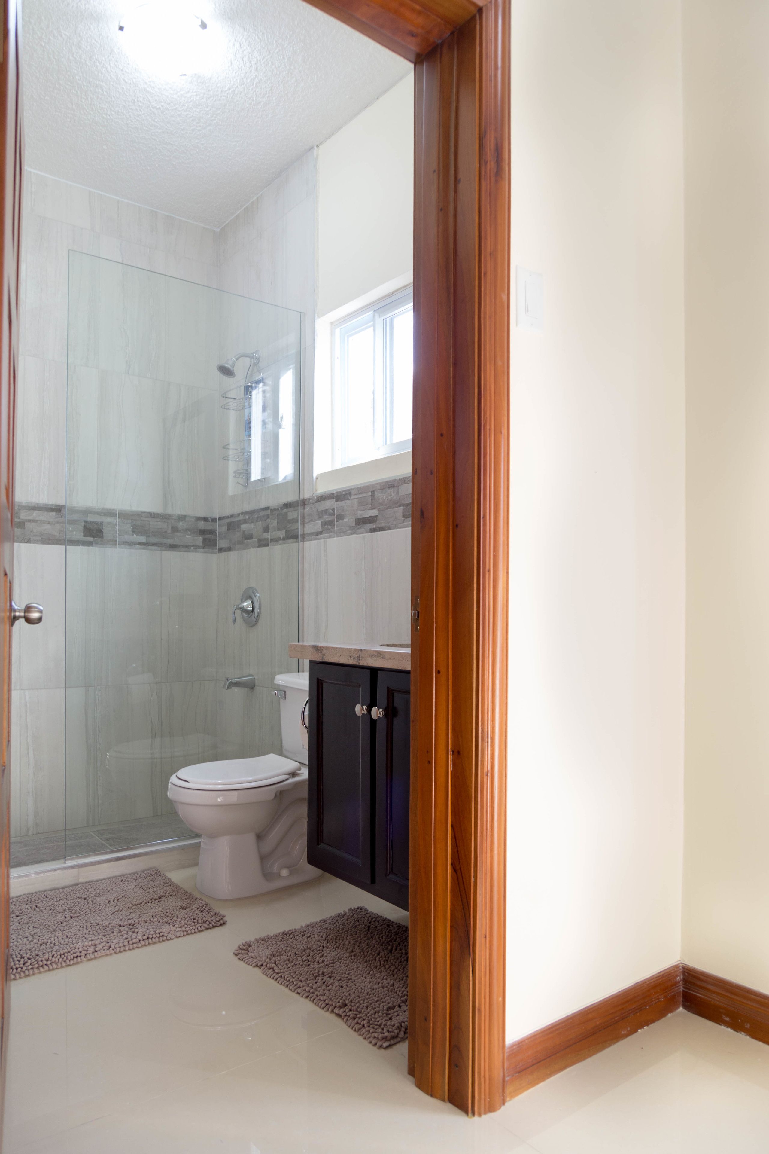 Un baño con cabina de ducha de vidrio, inodoro y muebles de madera.