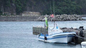 Un barco atracado en un muelle, con una costa rocosa y árboles al fondo.