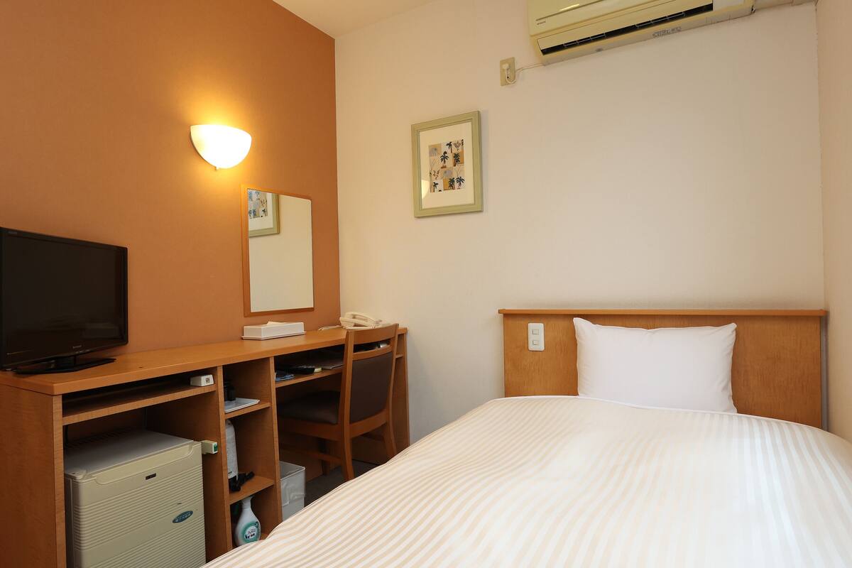 Une chambre d’hôtel comprenant un lit, un bureau avec une télévision, un miroir, un climatiseur et un petit réfrigérateur.