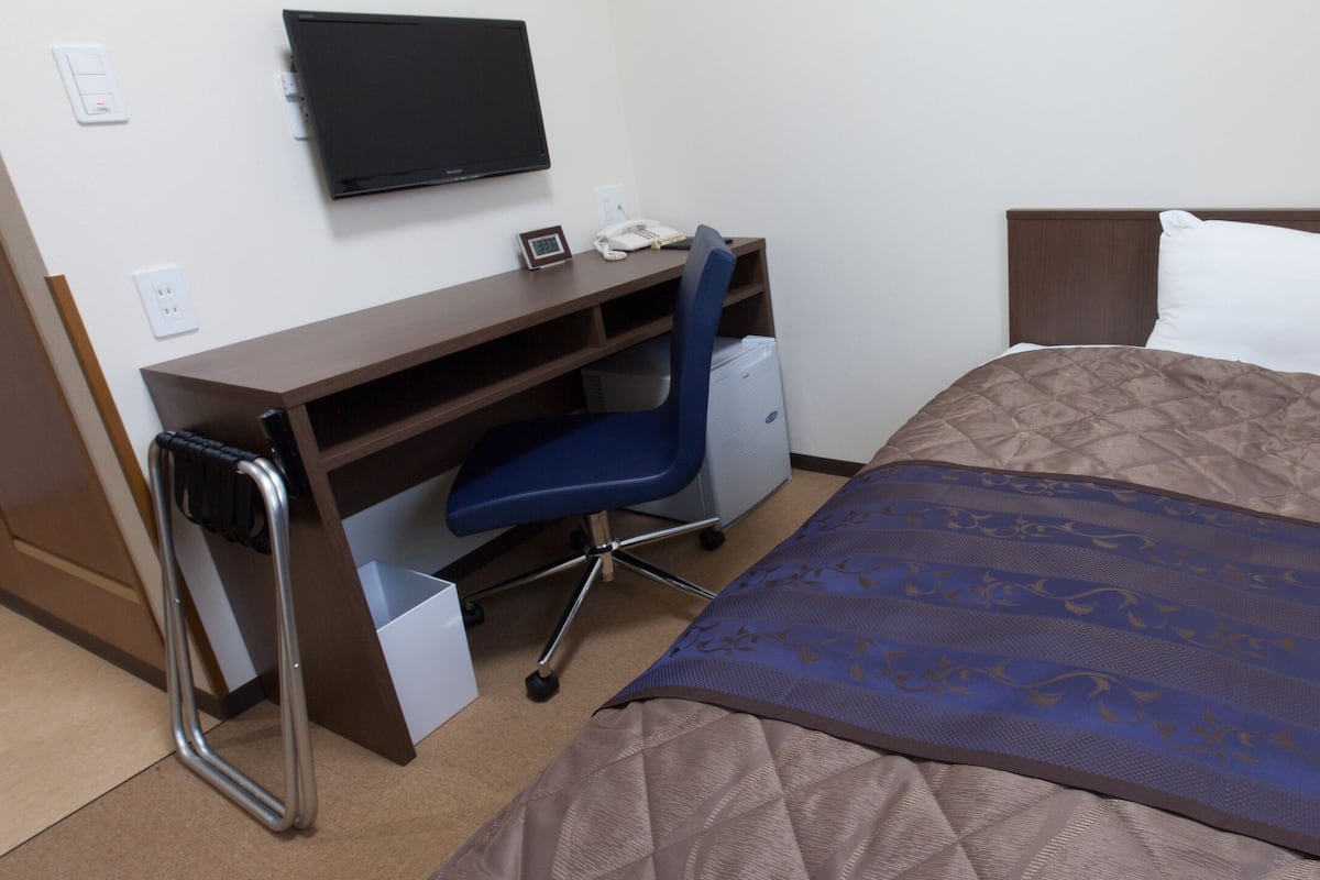 A hotel room with a bed, a desk, a chair, a television, and a power outlet.