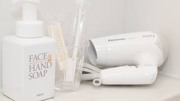 A bathroom with a bottle of face and hand soap, a hairdryer, and a toothbrush holder.