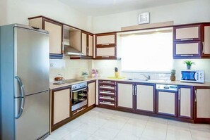 Full-sized fridge, microwave, oven, stovetop