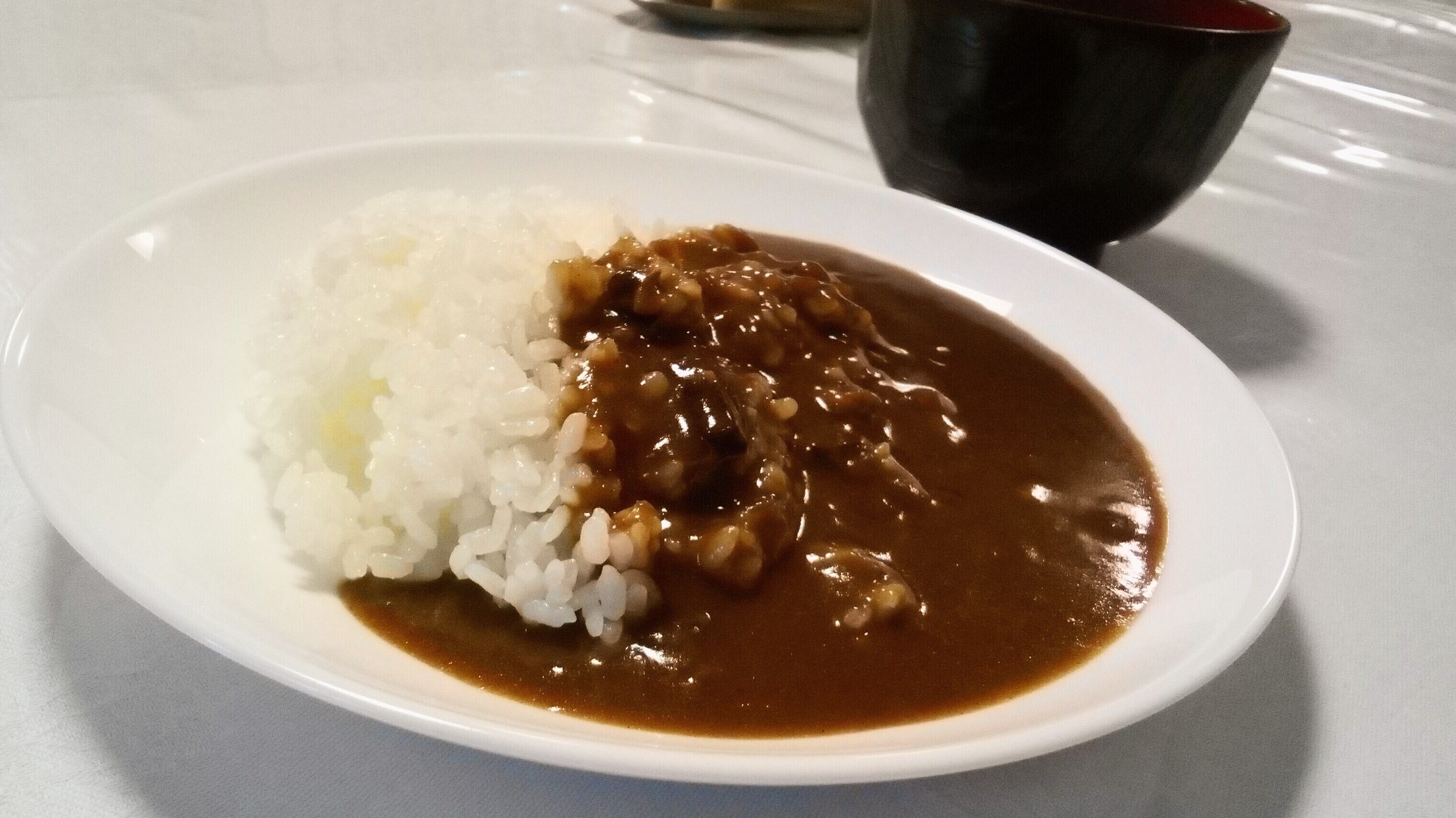 Un plato de arroz blanco y salsa de color café.