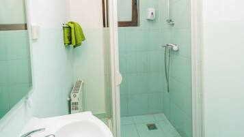 A bathroom with a glass-enclosed shower, a sink, and a mirror.