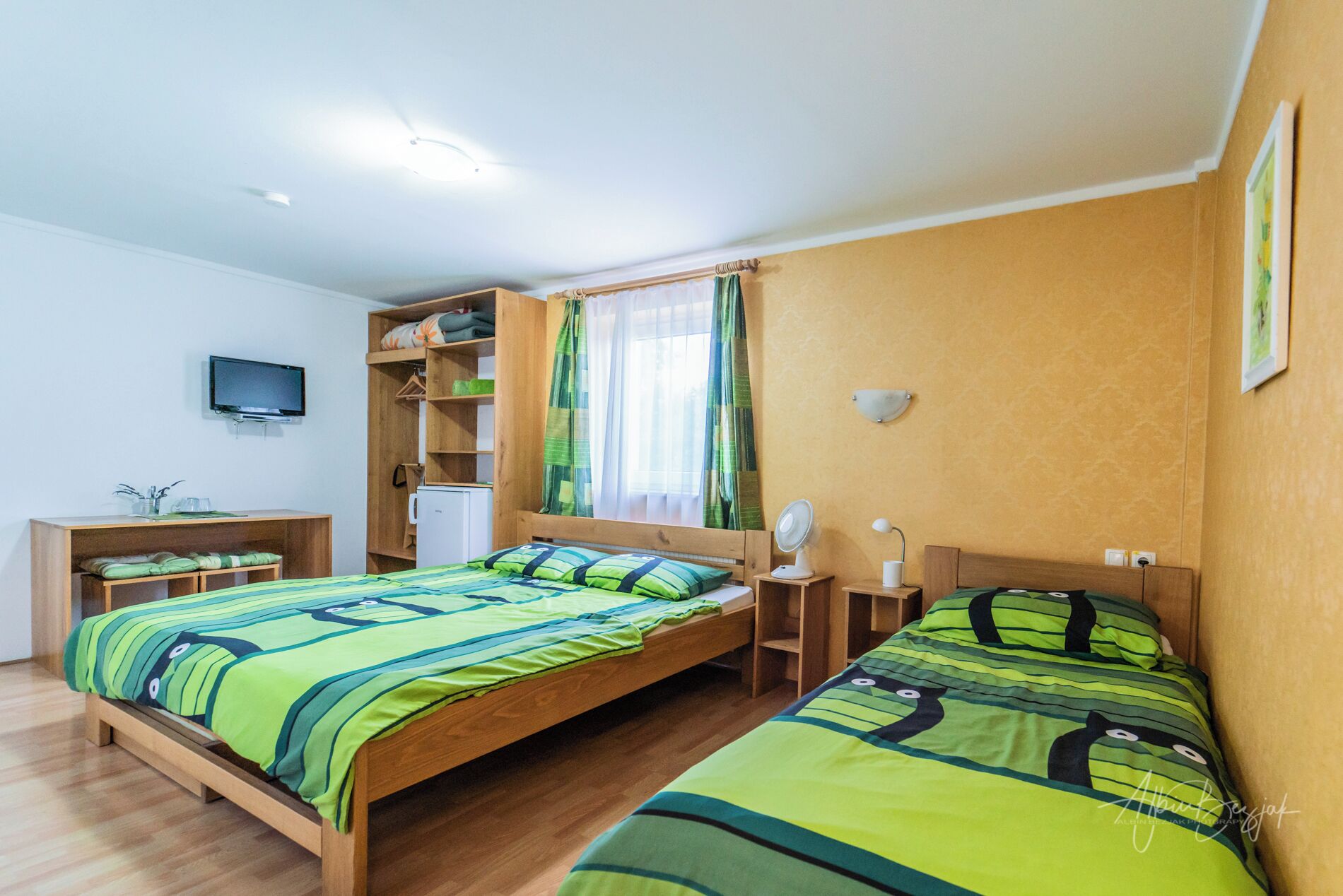 Una habitación con dos camas, televisión, escritorio y armario.