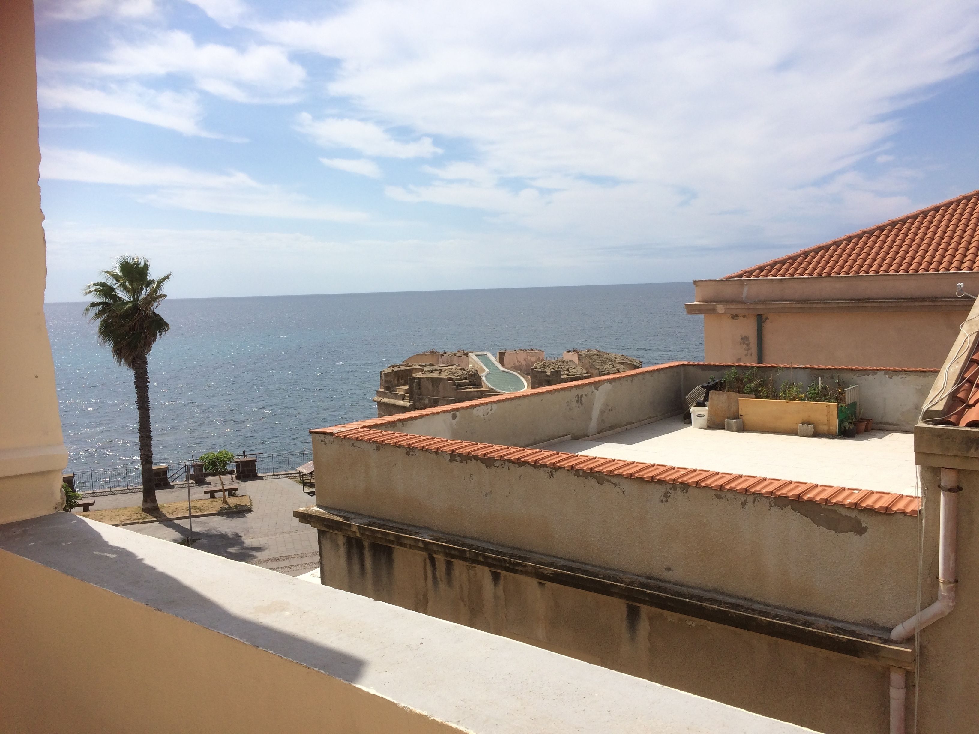 A rooftop terrace with a view of the sea, a palm tree, and a building with a tiled roof.