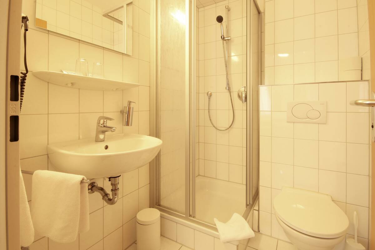 A bathroom with a sink, toilet, and glass-enclosed shower.