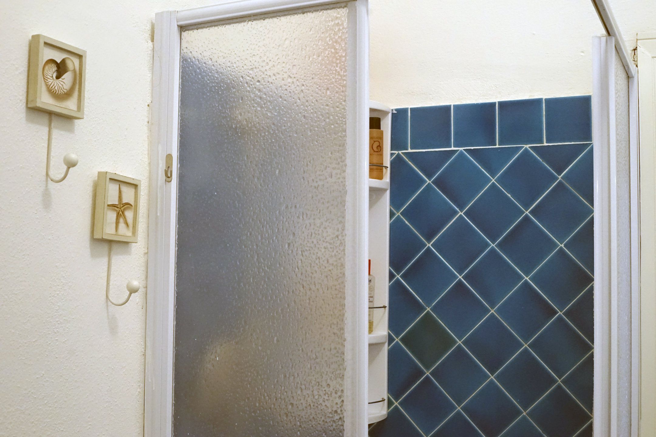A bathroom with a frosted glass door, a blue tiled wall, and a white shelf with toiletries.