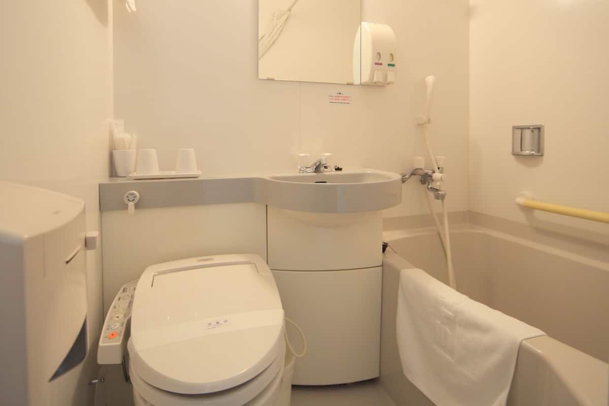 combined shower/bathtub, deep-soaking bathtub, free toiletries