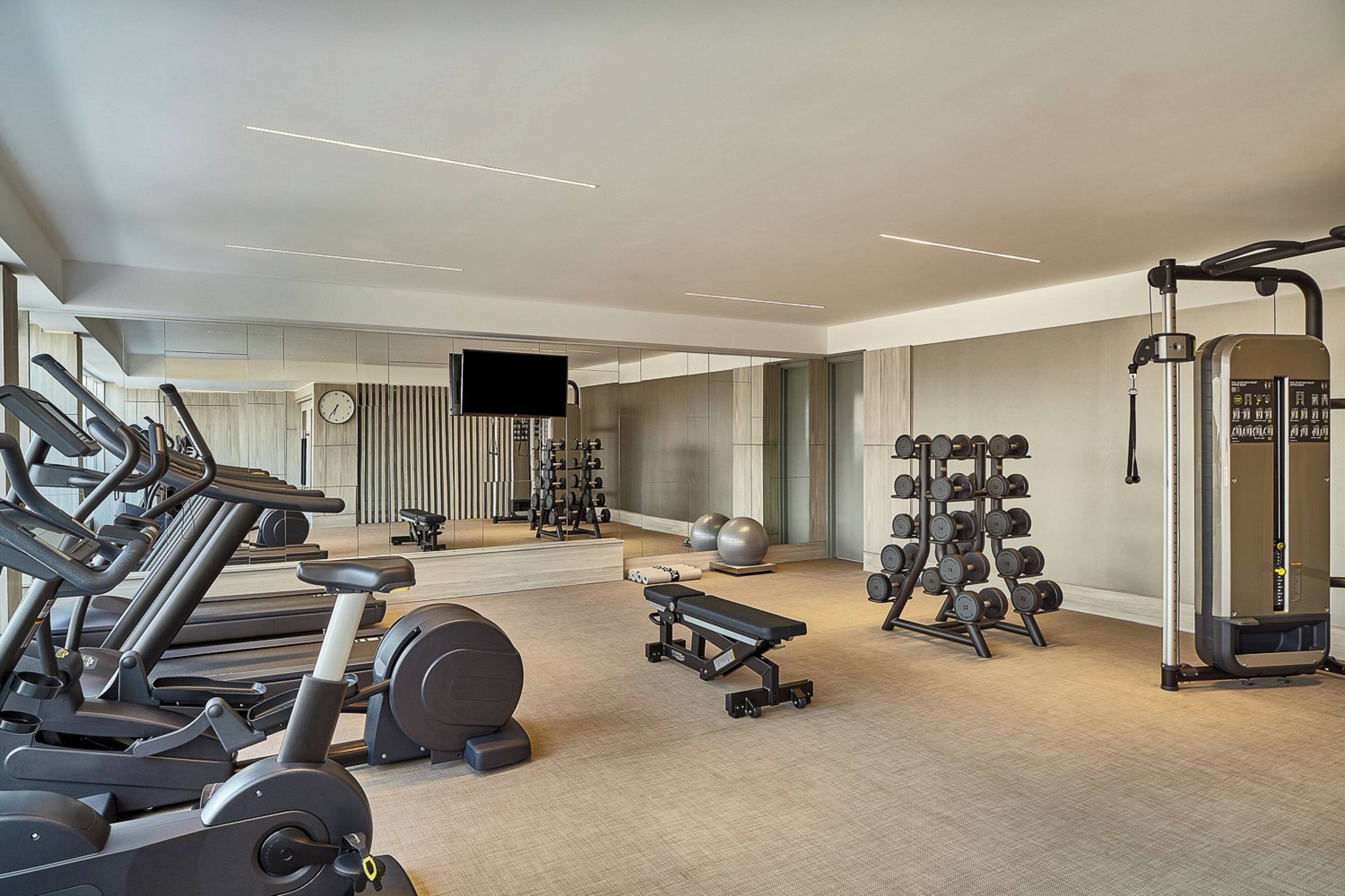 Un gimnasio moderno con equipamiento cardiovascular, pesas libres y una banca.