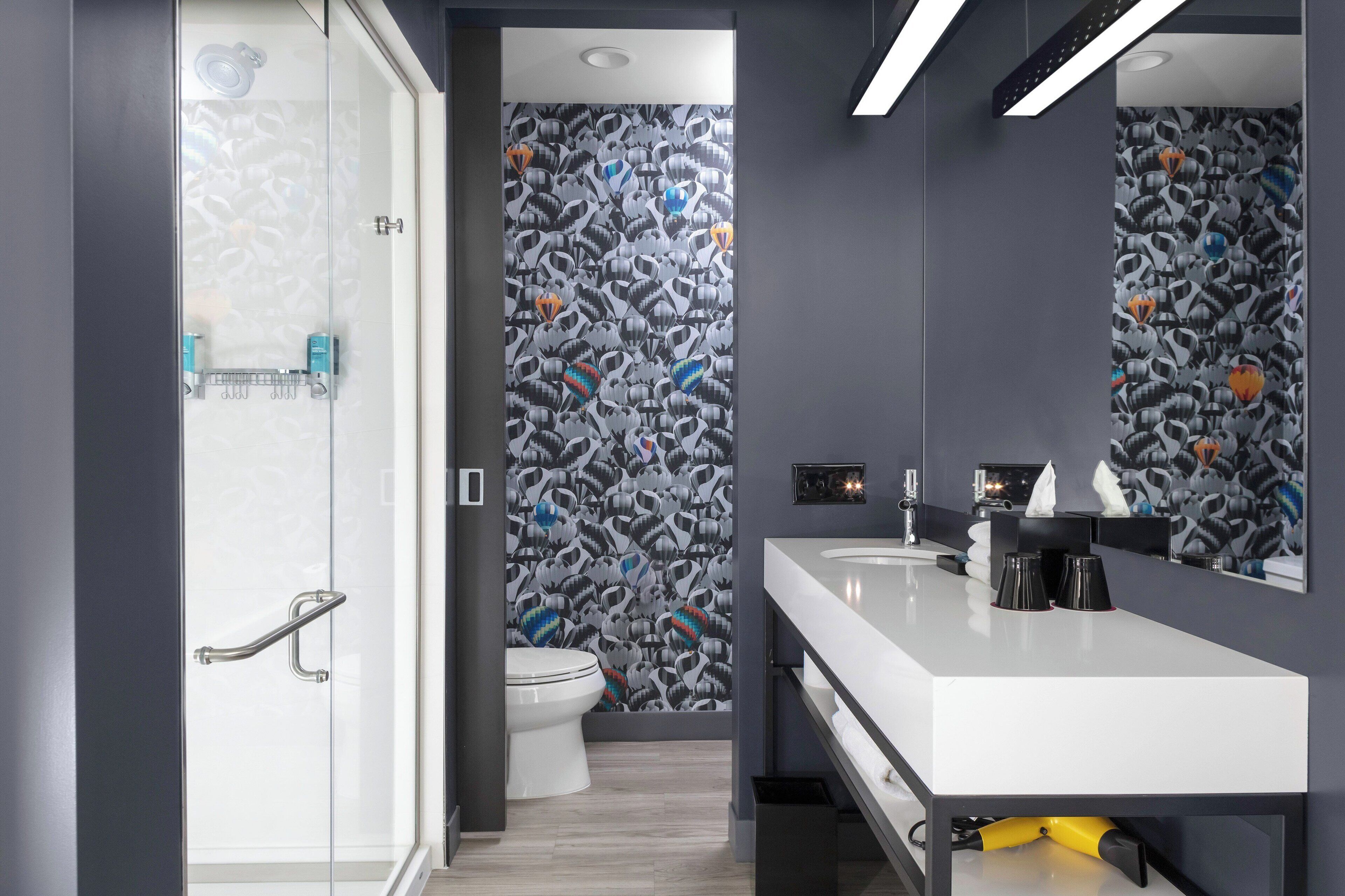 shower, rainfall showerhead, designer toiletries, hair dryer