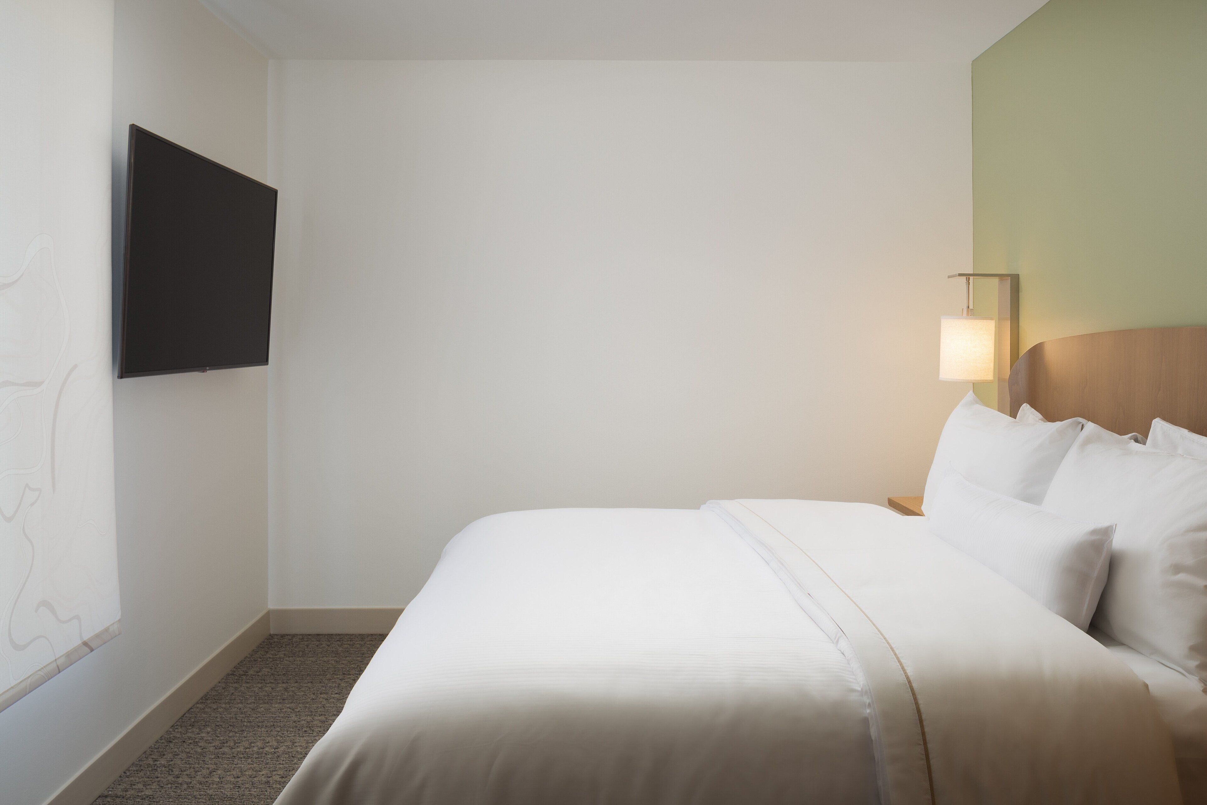 Habitación de hotel con una cama, un televisor de pantalla plana en la pared, una lámpara de noche y suelo cubierto de alfombra.