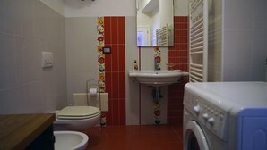 Een kleine badkamer met toilet, wastafel en wasmachine.