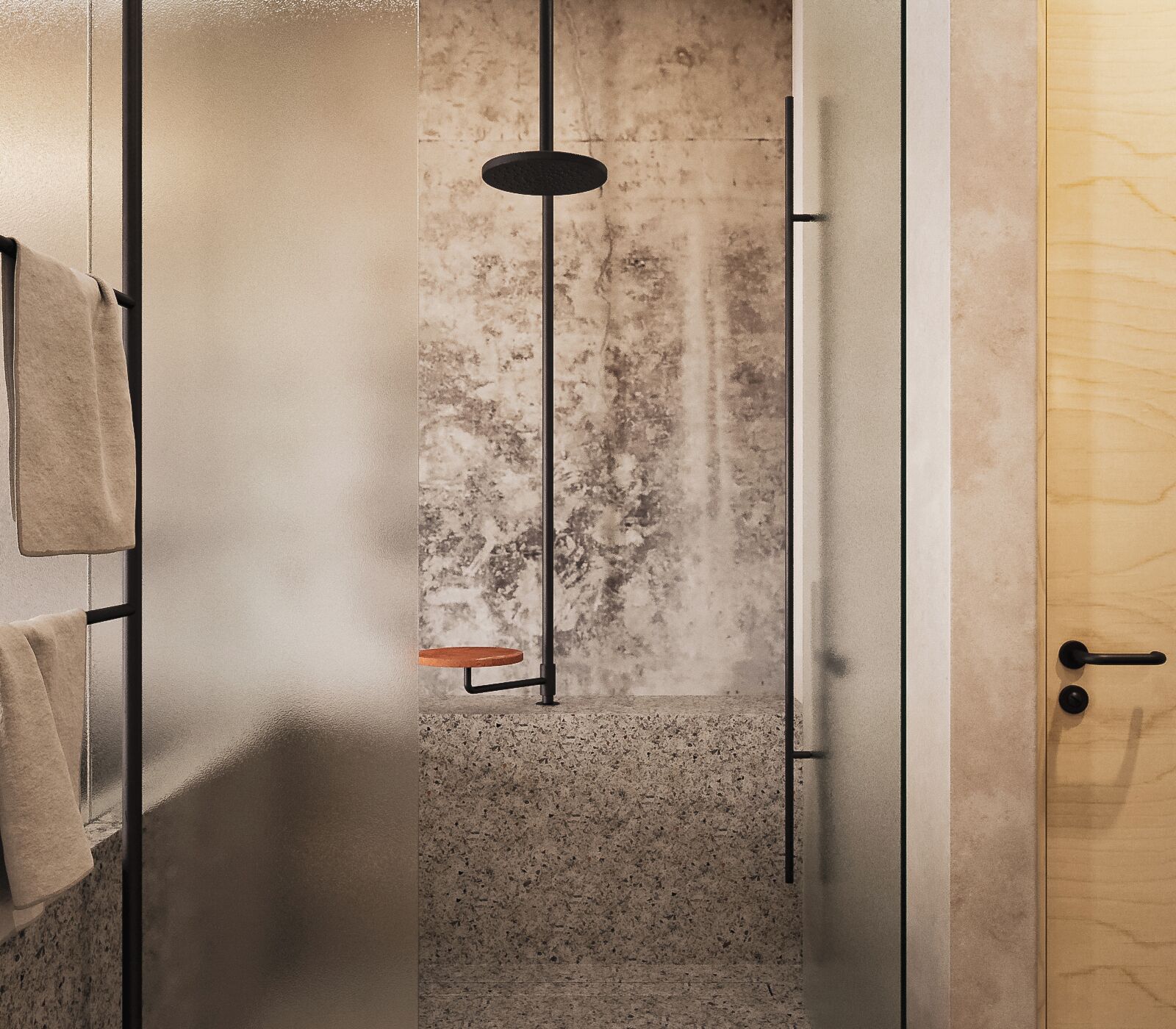 A bathroom with a shower, a towel rack, and a wooden door.