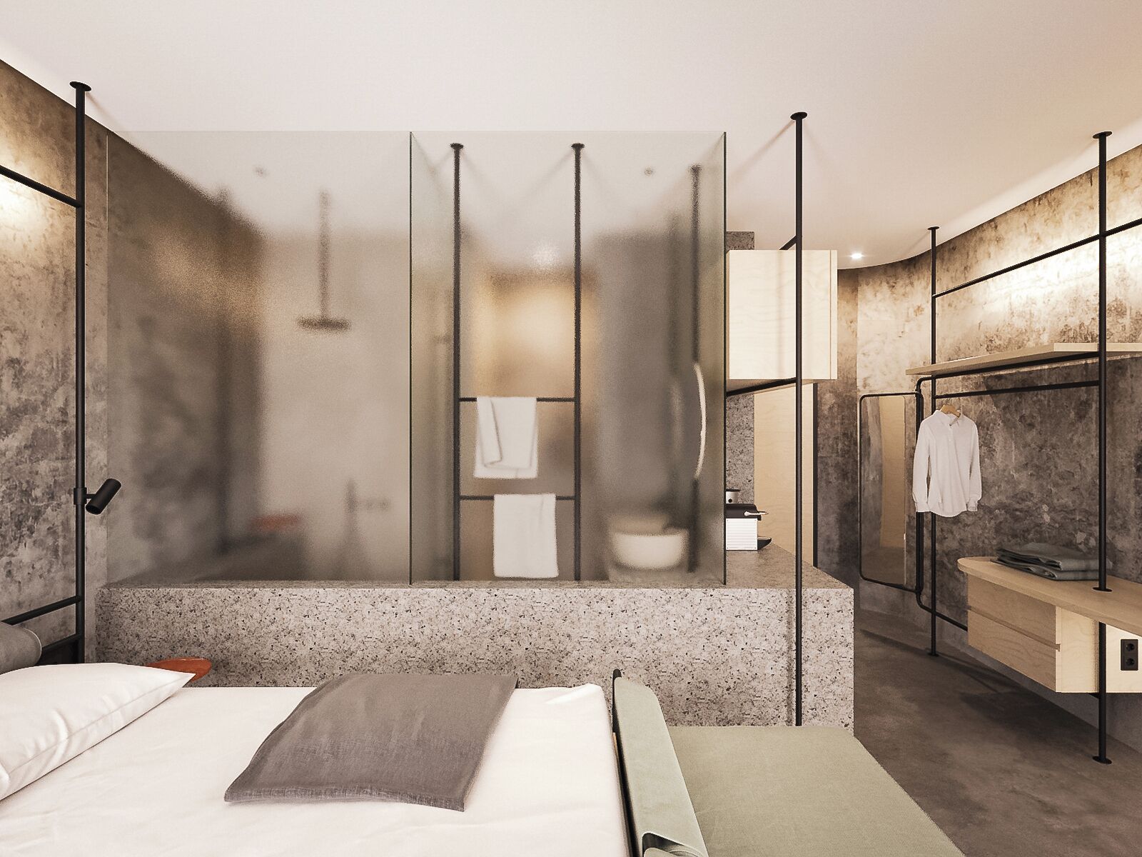 A modern bedroom with a bed, a bedside table, a mirror, and a wardrobe.