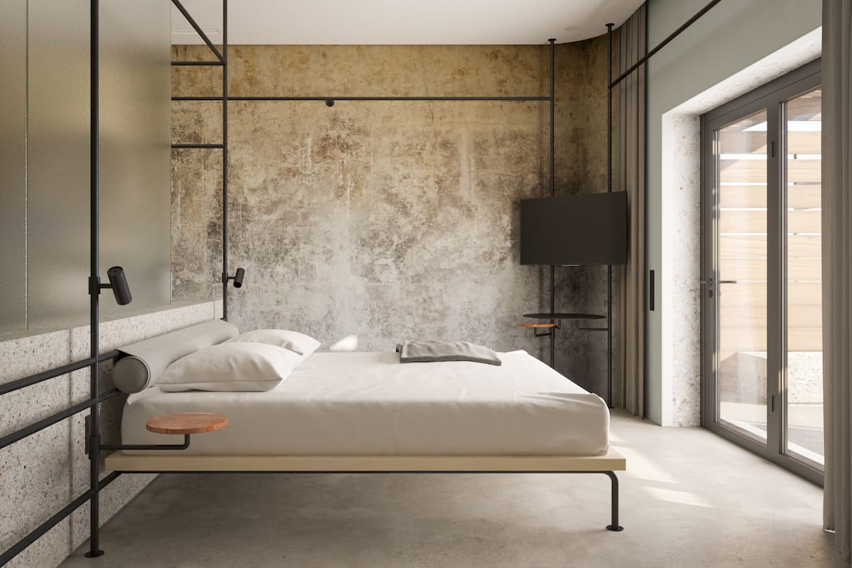 A modern bedroom with a minimalist design, featuring a bed with a wooden platform, a large window with a view, and a flat-screen TV mounted on the wall.