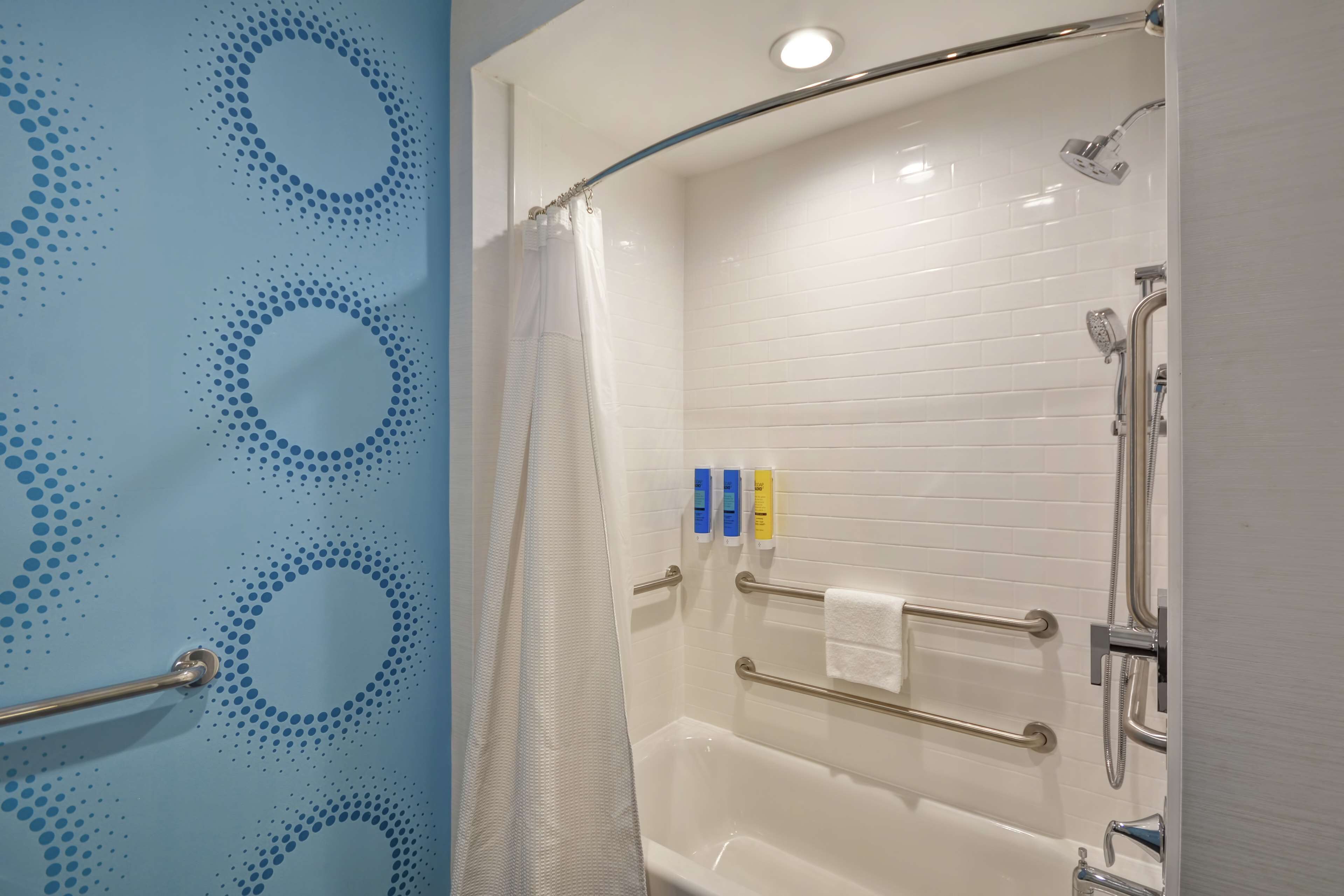 hair dryer, towels, soap, shampoo