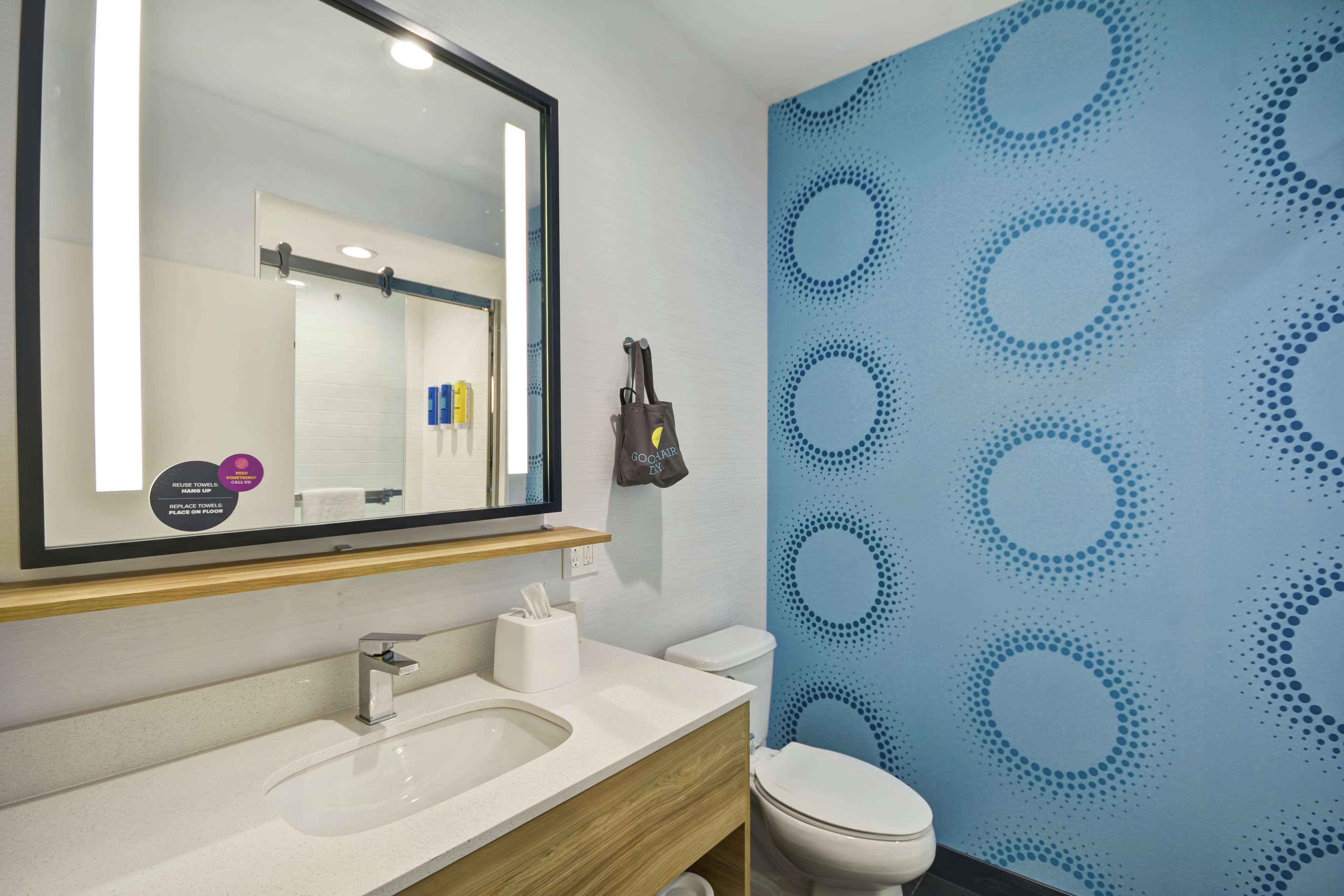 hair dryer, towels, soap, shampoo