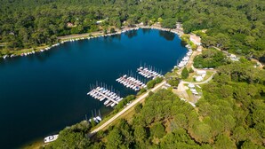 An aerial view of a marina surrounded by dense forest, with boats docked and a clear sky above.