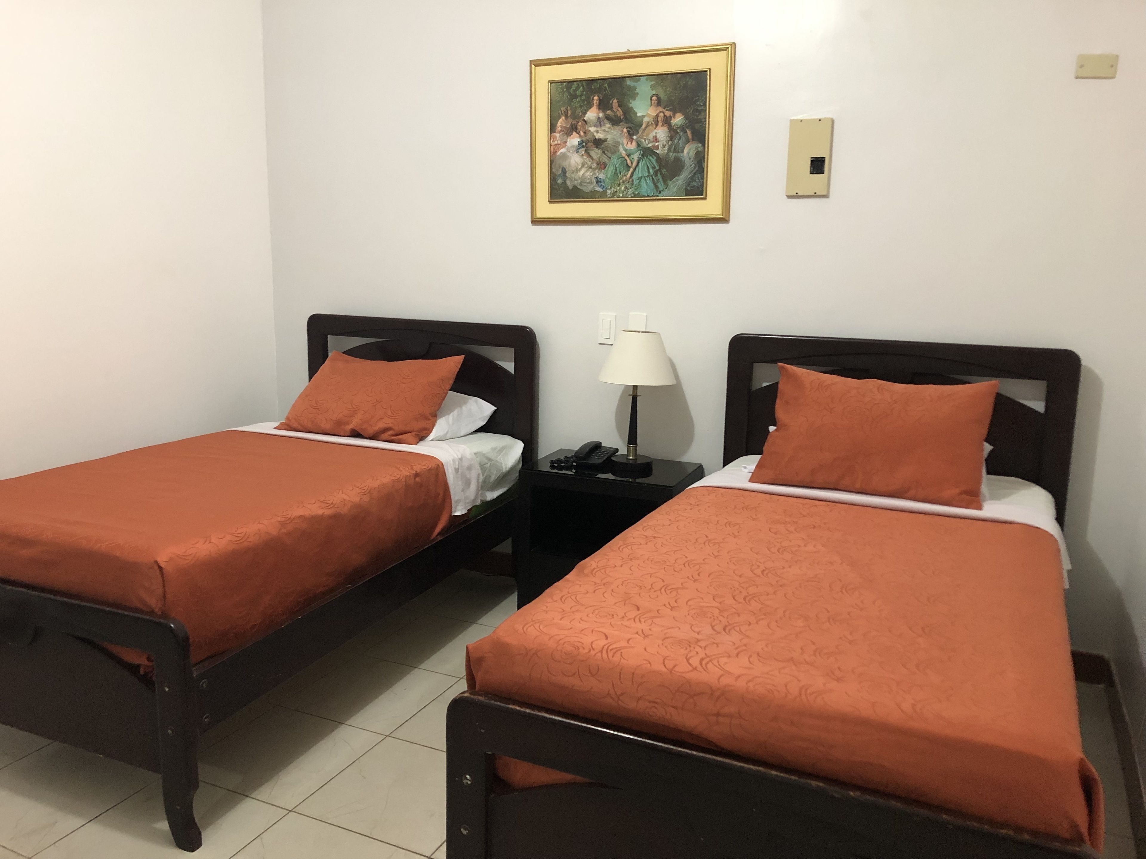 Two single beds with matching headboards and footboards, a bedside table with a lamp, and a framed painting on the wall.