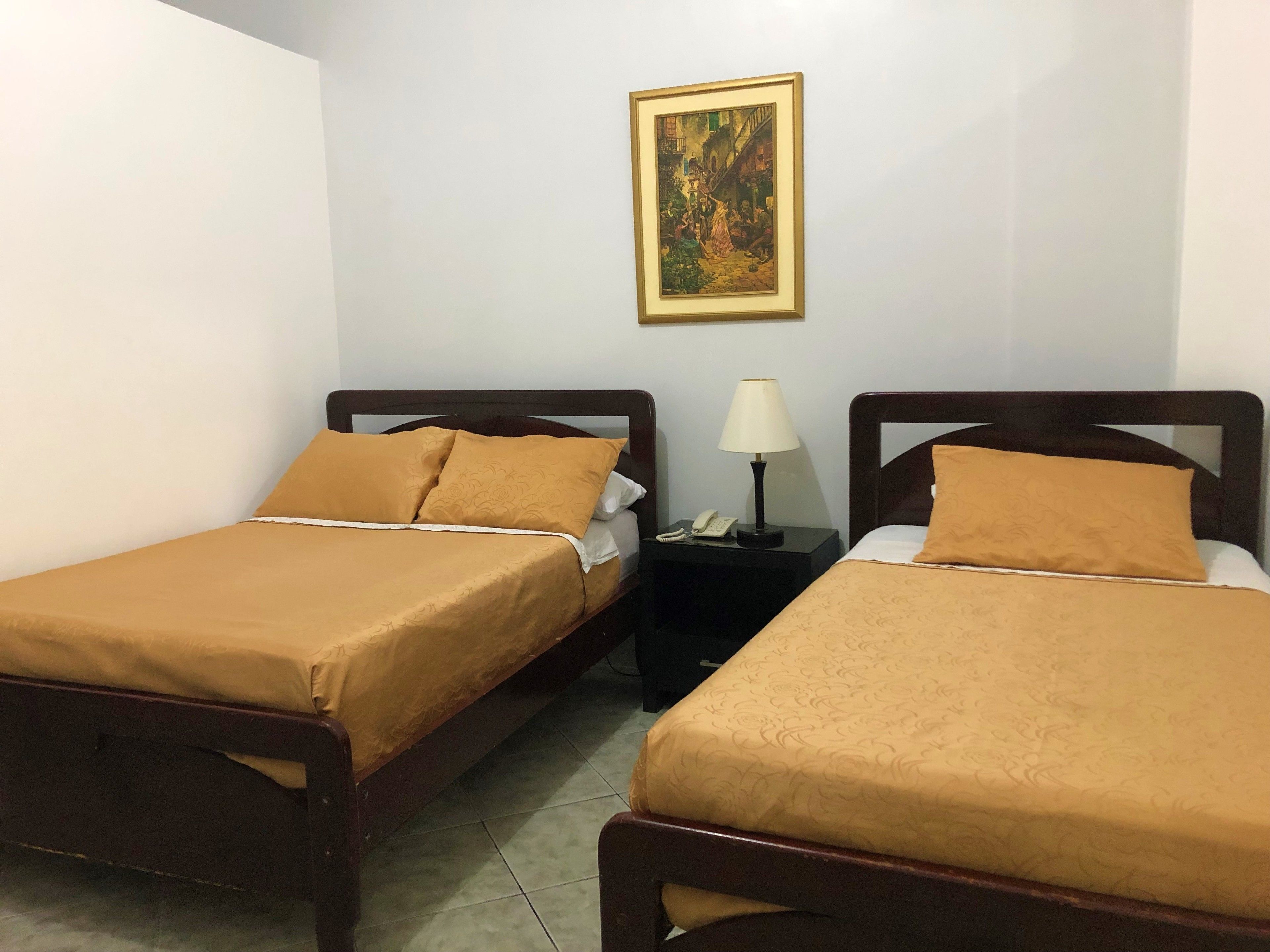 Two single beds with matching headboards and footboards, a bedside table with a lamp, and a framed painting on the wall.