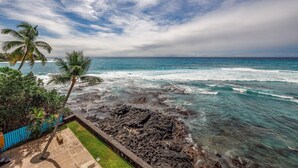 A coastal view with a rocky shoreline, palm trees, and a clear sky.