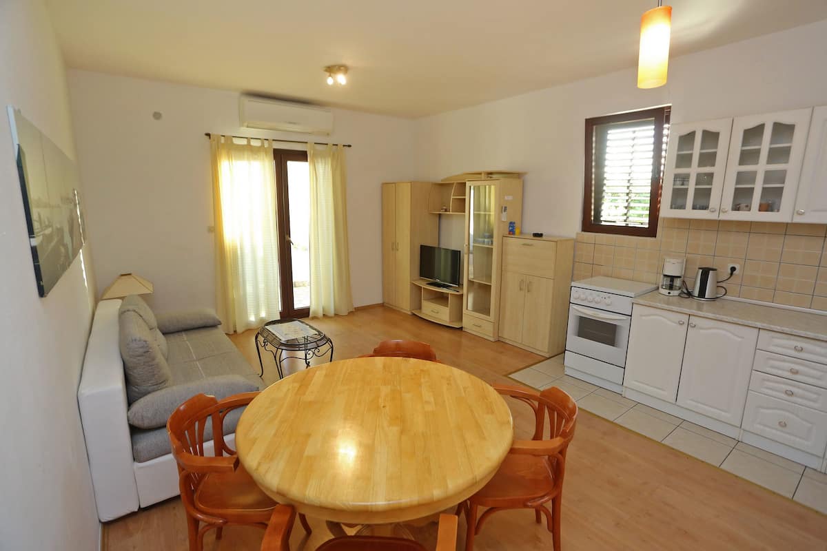 A compact living space with a sofa, a dining table with chairs, a kitchenette, and a television.