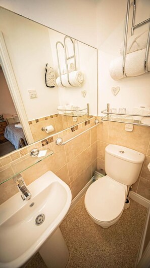 Une salle de bain équipée d’un lavabo, de toilettes et d’une douche à parois en verre.