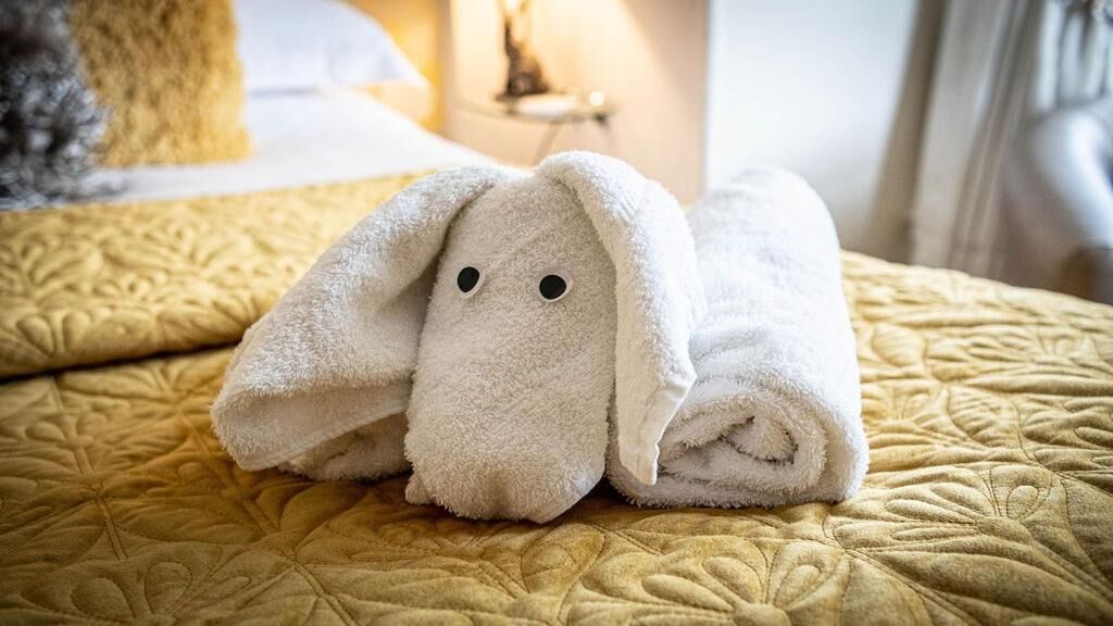 Une serviette blanche, soigneusement pliée et ornée d’un motif représentant un lapin, est posée sur un lit recouvert d’une couette jaune matelassée.