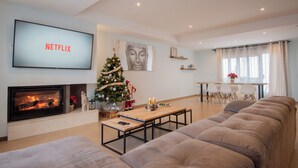 Un salon moderne avec une cheminée, un téléviseur à écran plat diffusant du contenu de « NETFLIX », un sapin de Noël et un canapé.