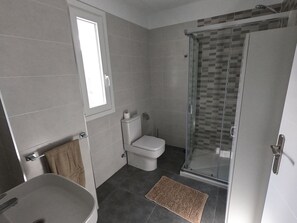 A bathroom with a toilet, sink, and shower area.