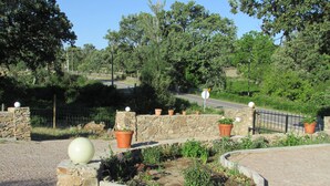 Une zone pavée avec un mur en pierre, des plantes en pot et un objet rond de couleur blanche.