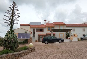 A two-story house with a red-tiled roof, a car parked in the driveway, and a large plant in the foreground.