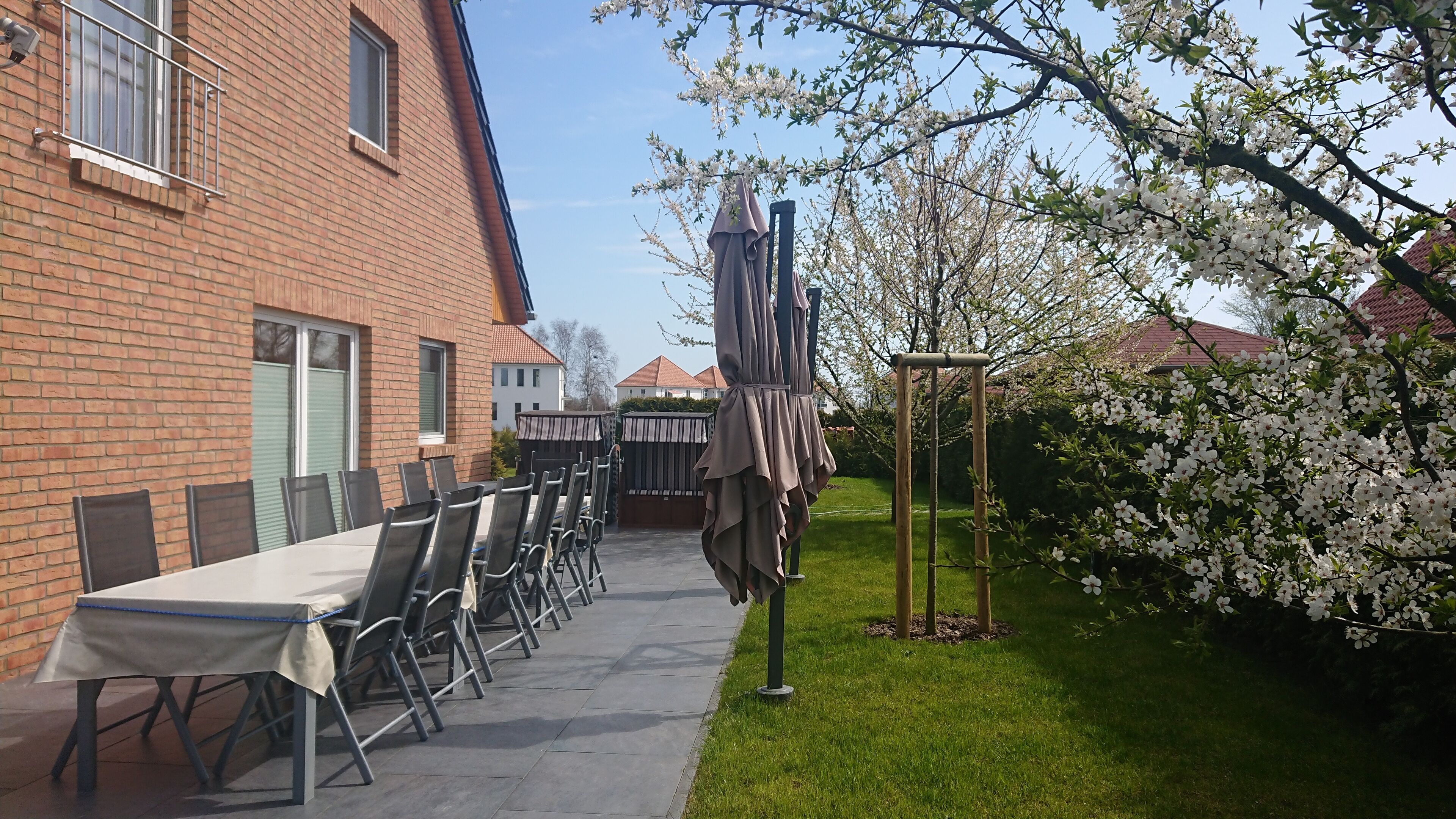 A patio with a long table and chairs, a covered seating area, and a garden with blooming trees.