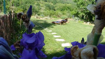Un giardino con prato, un pontile di legno e montagne sullo sfondo.