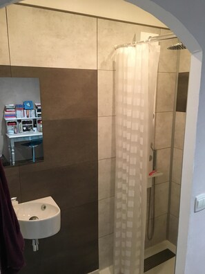 Combined shower/tub, hair dryer, towels, toilet paper
