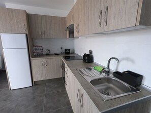 Una cocina moderna con refrigerador integrado, un lavamanos con grifo y una encimera con hervidor y cafetera.