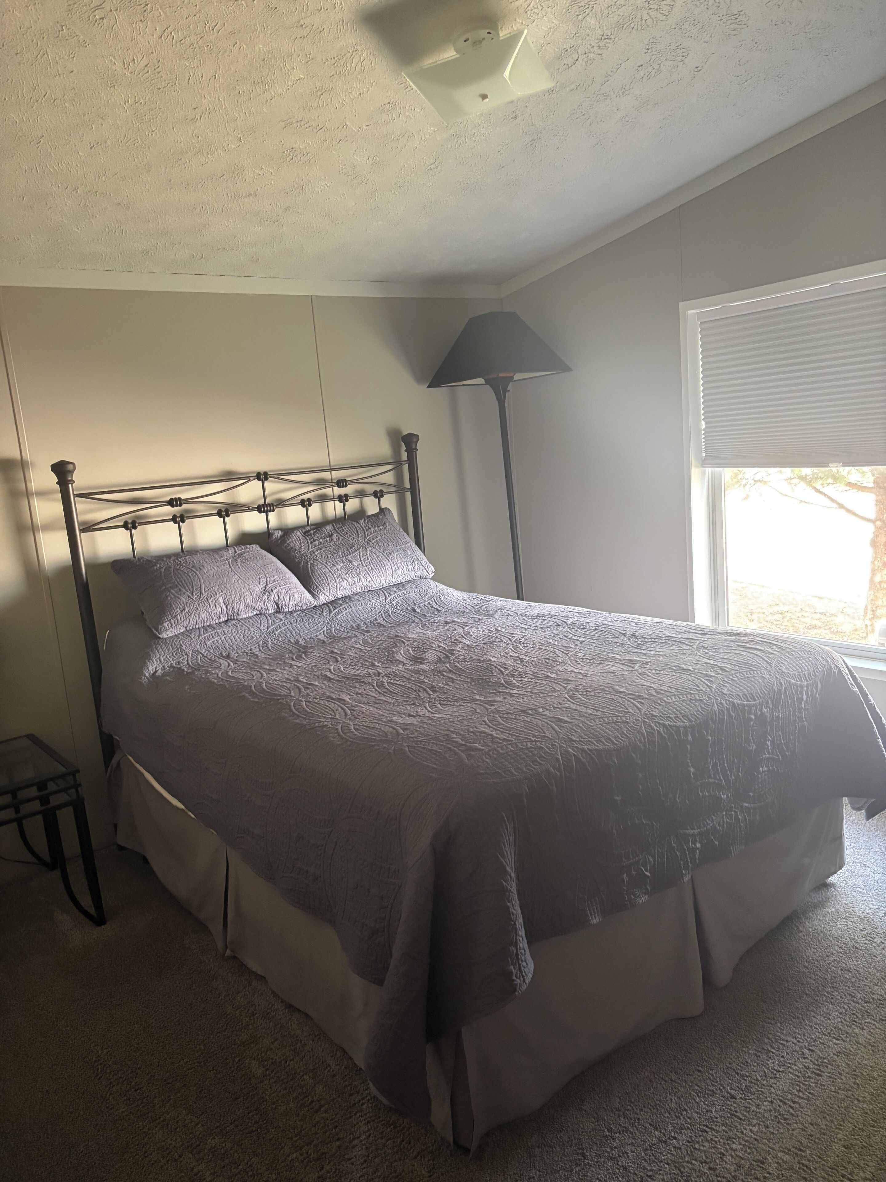 A bedroom with a bed, a lamp, a window, and a ceiling light fixture.