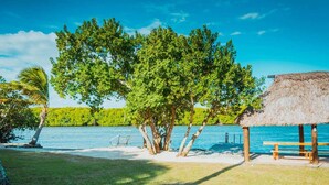 A beach with a thatched-roof hut, a hammock, and a wooden bench.