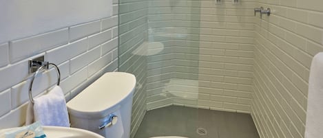 A modern bathroom with a glass shower enclosure, a white toilet, and a sink.