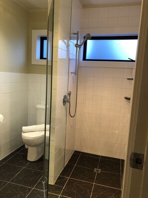 Basic Apartment, 1 Queen Bed, Partial Ocean View | Bathroom | Shower, hair dryer, towels, soap - Our Beach House - Upper Wainui (Raglan)