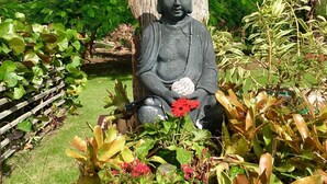 A Buddha statue in a garden with lush greenery and a clear blue sky. - STAY LOVE PLAY at Fusion Beach Villas GARDEN studio, 1/2 mi west of Jobos Beach (Bo. Bajuras, Jobos, Isabela)