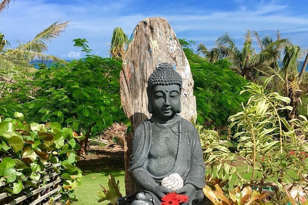 Budhha statue guards and protects all who visit our peaceful tranquil oasis!