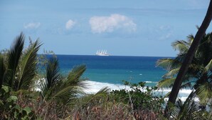A coastal view with a ship in the distance, surrounded by palm trees and clear skies. - STAY LOVE PLAY at Fusion Beach Villas GARDEN studio, 1/2 mi west of Jobos Beach (Bo. Bajuras, Jobos, Isabela)