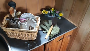 Basic Cabin, 2 Double Beds, Lake View | Private kitchen | Full-sized fridge, microwave, oven, stovetop