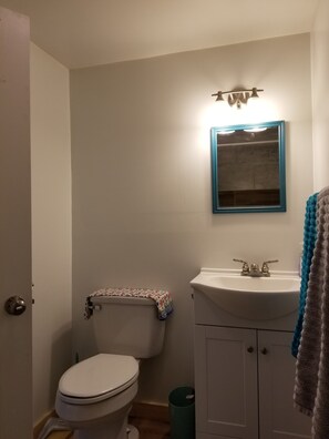 A bathroom with a toilet, sink, and mirror.